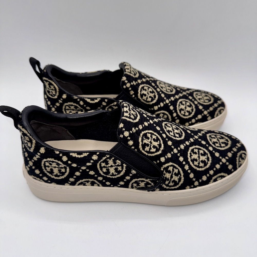 Tory Burch Monogram Soft Embossed Sneakers Women's Size 7.5 Black Chenille - Picture 5 of 13